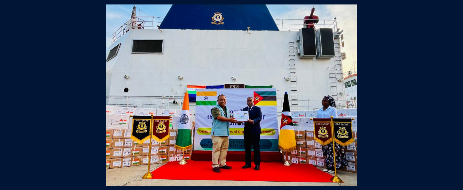 Gifting of first tranche of medicines and equipment to Mozambique (11 Oct 2025). The consignment was received by the Hon’ble Minister of Health in Maputo.