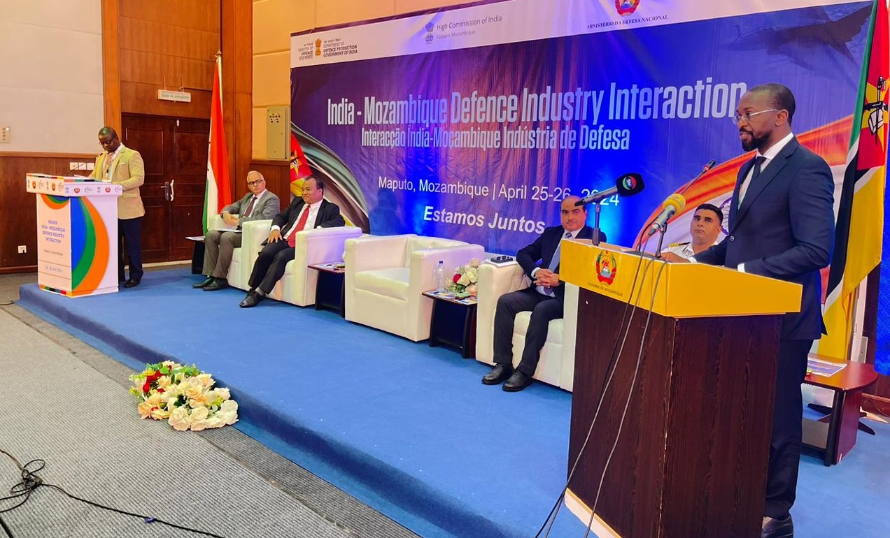 Defence Minister H.E. Mr. Cristóvão Artur Chume addressing the India Mozambique Defence Industry Interaction in Maputo (25 April 2024). More than 20 Indian defence industries participated in the event.